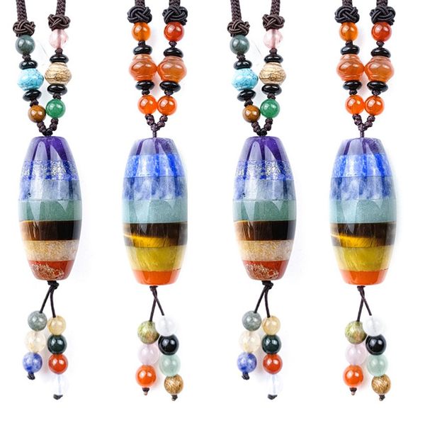 

wholesale 5 pcs handmade weave layer colorful geometric shape rainbow stone pendant rope chain necklace healing chakra jewelry, Silver