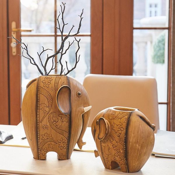 

2pcs art resin imitation wood color mother and child elephant vase decoration home decoration elephant storage jar new home gift1