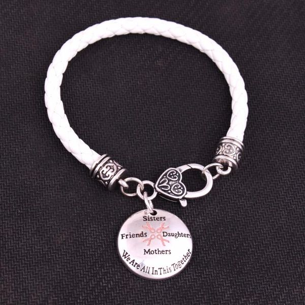 

breast cancer awareness pink ribbon sisters friends daughters mothers we are in this together charm 7.8" leather chain bracelet, Golden;silver