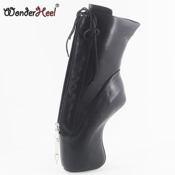 

wonderheel extreme high heel " wedges heel ykk locked zipper red matte fetish lace up curved ankle ballet boots, Black