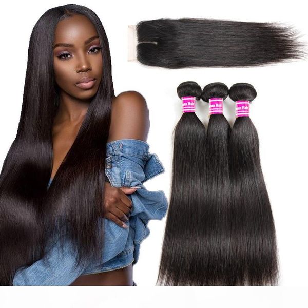 

brazilian straight hair wefts with closure 10a virgin human hair weaves 3 bundles with lace closure extensions natural color wholesale, Black;brown