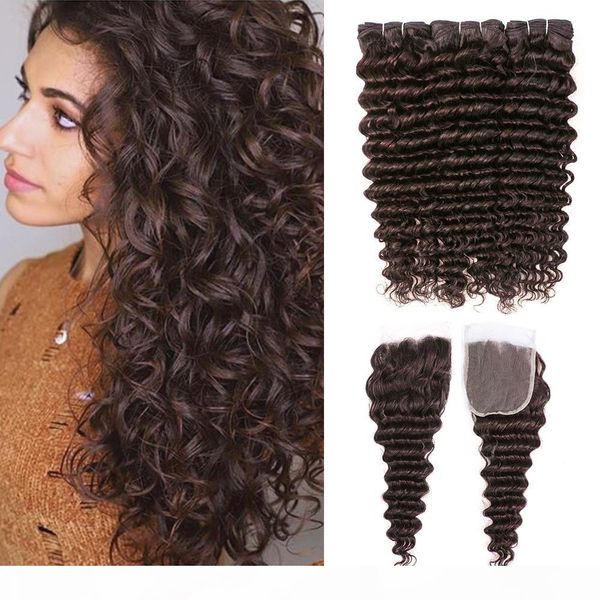 

8a brazilian virgin hair deep curly wave bundles with closure #2 dark brown 3 bundles with 4x4 lace closure remy human hair extensions, Black;brown