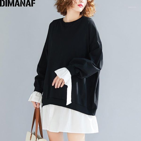 

dimanaf plus size women sweatshirts spring long sleeve lady pullover female loose solid black spliced pleated oversized new1