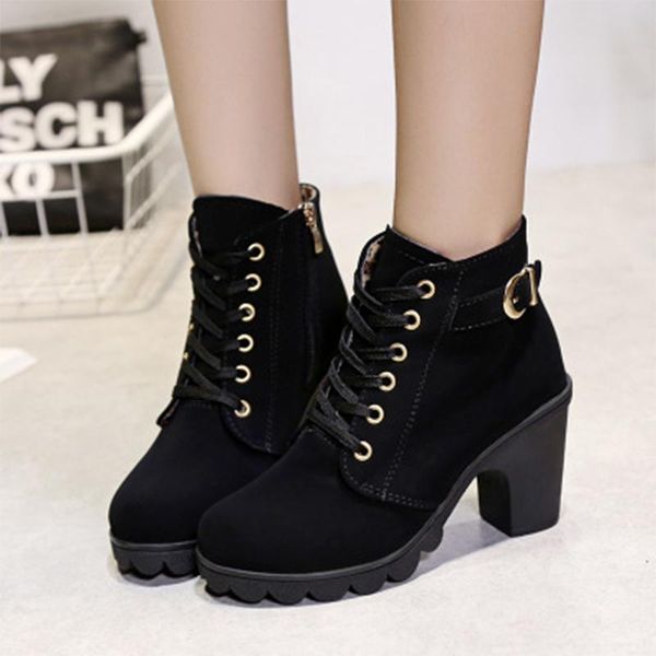 

boots women ankle warm winter plush buckle pumps plus size platform female waterproof high heels women's casual ladies shoes, Black