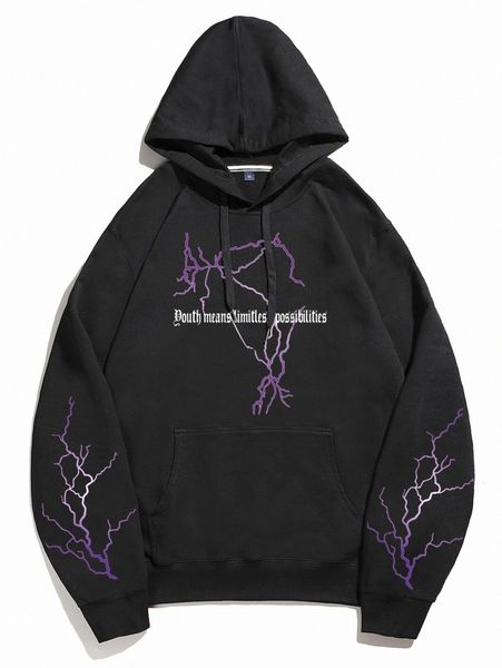 

men letter & lightning print kangaroo pocket drawstring hoodie d80g#, Black