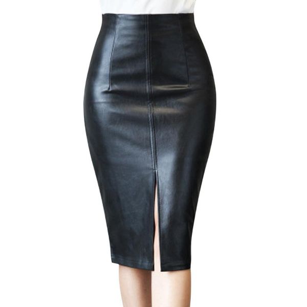 

skirts womens autumn winter femaleskirt leather body-con skirtoffice slim split skirt knee length fashion y2k, Black