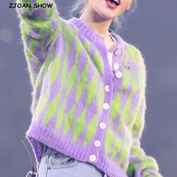 

vintage single breasted button knitted check plaid shaggy cardigan retro woman long sleeve gingham jumper korea sweater, White