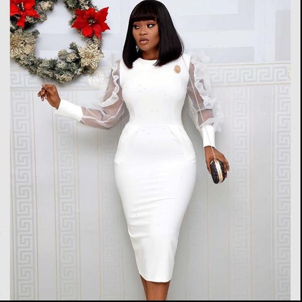 

white dress o neck transparent mesh long sleeve ruffle women elegant office lady work wear modest classy female african, Black;gray