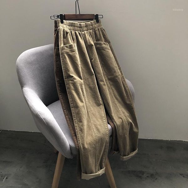 

vintage corduroy pants women's autumn / winter 2020 new korean harem elastic waist casual pants1, Black;white