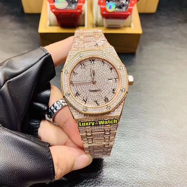 

version arabic numerals diamond dial 15452bc.zz.1258bc.01 miyota automatic mens watch iced out full diamond rose gold case iced watches, Slivery;brown