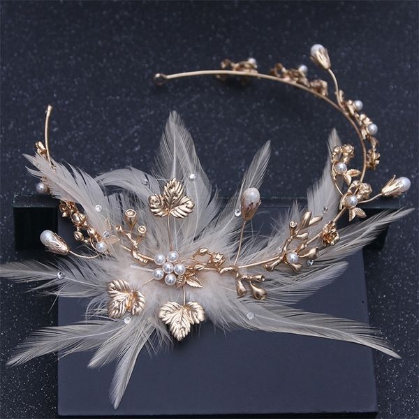 

baroque vintage gold feather crystal pearl headband rhinestone flower head piece bride hairband wedding hair jewelry accessories y200424, Slivery;golden