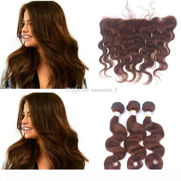 

9a chocolate brown mink brazilian body wave virgin human hair bundles with color #4 medium brown 13*4 ear to ear lace frontal closure, Black;brown
