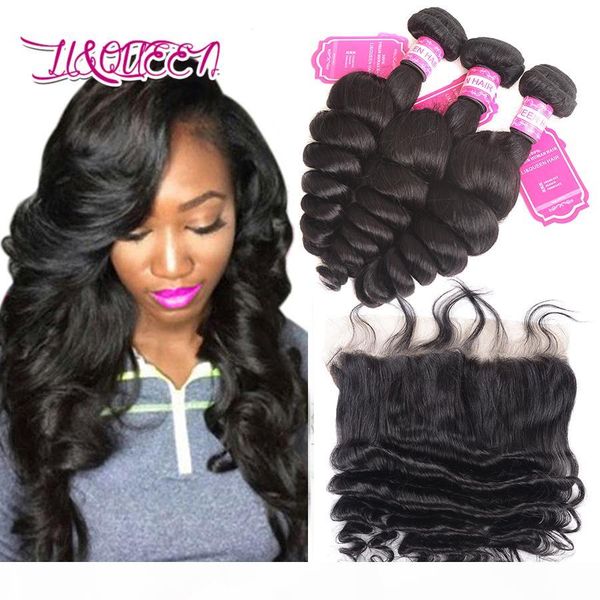 

mongolian human hair extensions loose wave frontal hair weft 13x4 lace frontal closure with 3 bundles loose wave ear to ear closure, Black;brown
