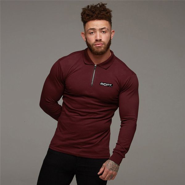 

mens polo shirt new brand bodybuilding men's polos long sleeve turn-over collar slim fit gym sports breathable poloshirt, White;black