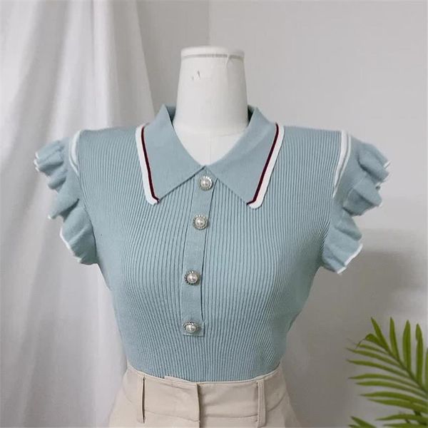 

korean fashion elegant summer ruffle sleeve knitted t shirt femme women t-shirt poleras mujer de moda 2020, White