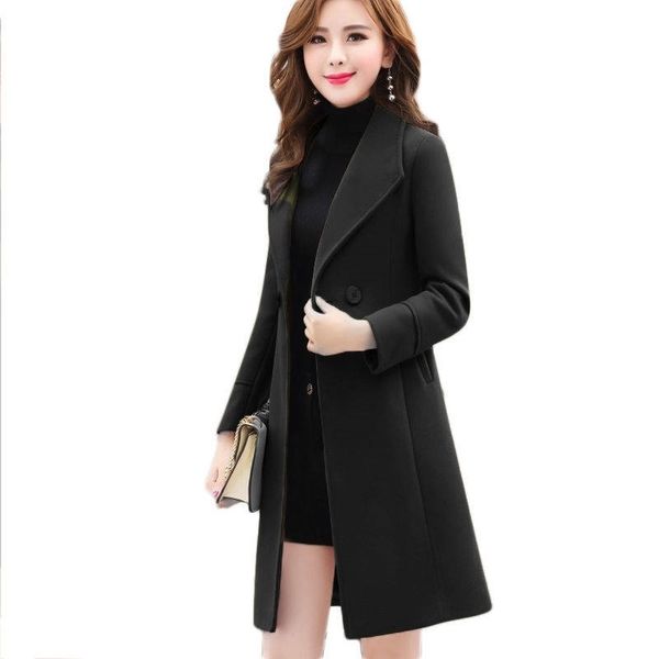 

2021 new autumn and winter coat female long large size thick woolen jacket slim lady outerwear women clothing, Black