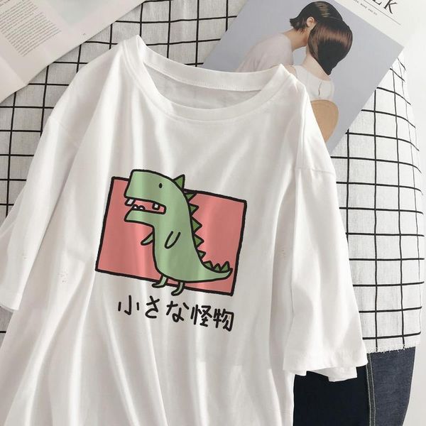 

dinosaur summer new cartoon casual punk harajuku vintage fun fashion ins cute sweet loose big size s-2xl short sleeve t-shirt, White