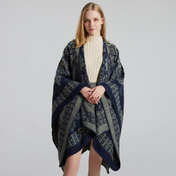 

scarves autumn and winter fashion shawl european american cashmere split thickened warm cape scarf women pleated, Blue;gray