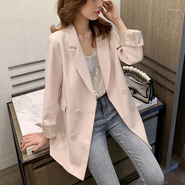 

loose outerwear women suit jacket spring autumn female jacke 2020 elegant chic sequin cuff women small blazer femme1, White;black
