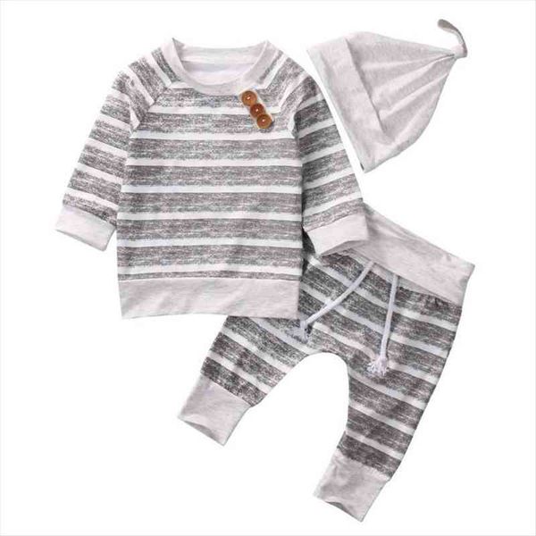 

baby boy 3pcs clothes sets spring autumn long sleeve striped buttons t-shirt striped pant hat outfits clothing suit, White