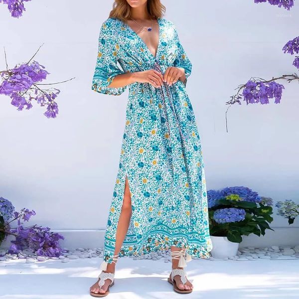 

dresses vestido elegant loose floral print summer women flare sleeve bohemian v-neck straight vacation dress1, Black;gray