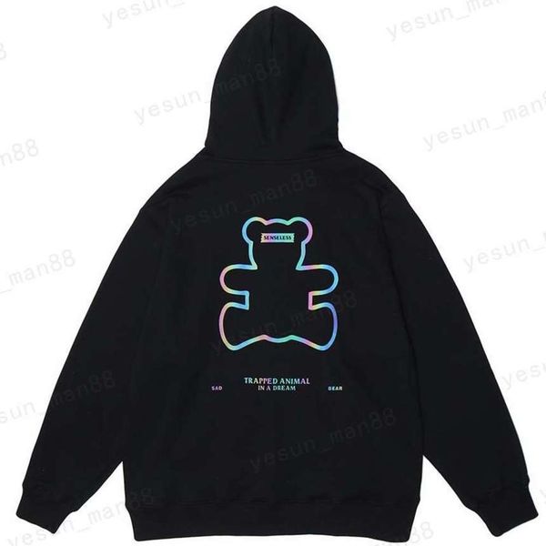 

Men Sweatshirt Hiphop Streetwear Bear Printed Hoodie Harajuku Katoen Loose Forced Capuchon Trui Hipster Black