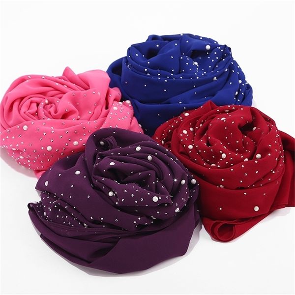

1 pc new women's bubbles chiffon with diamond studs pearls plain shawls wraps solid color muslim hijab scarf y201007, Blue;gray
