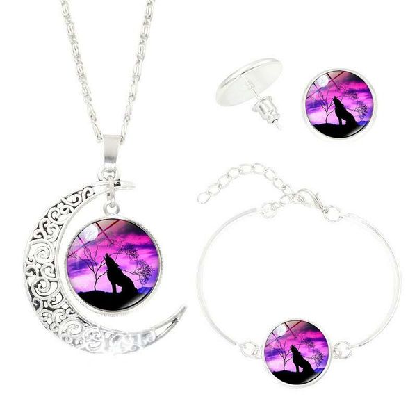 

harajuku style jewelry with silver plated wolf moon pattern glass cabochon choker necklace earring&bracelet set for women party