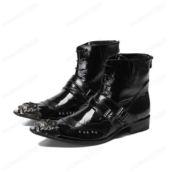 Scarpe da uomo fatte a mano italiane Punta in metallo a punta Stivaletti in pelle blu nero Uomo Rivetti stringati Partito Botas Hombre Stivali da sposa