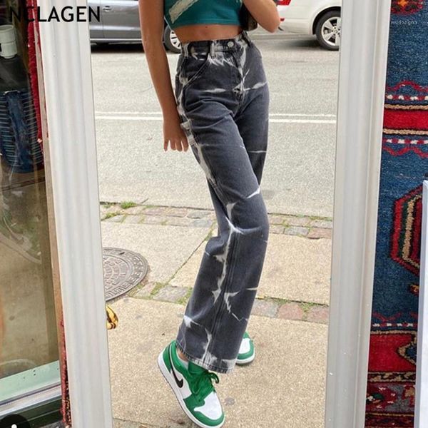 

nclagen 2021 spring fashion tie dye contrast color casual pants women vintage jeans empire waist straight denim trousers capris1, Blue
