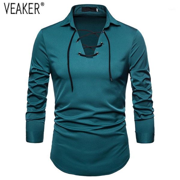 

2020 autumn new men's bandage silk shirts male hollow out v-neck silk satin shirts solid color long sleeve slim fit shirt1, White;black