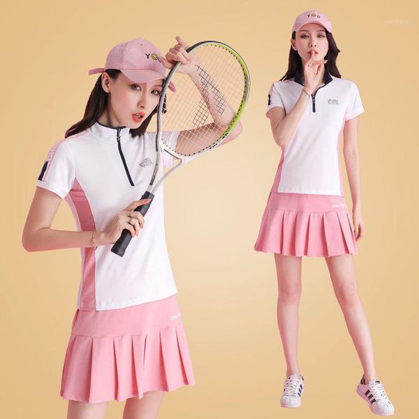 

gym clothing badminton suit, female summer 2021 anti-exposure sports divided skirt tennis short sleeve autumn suit1, White;black