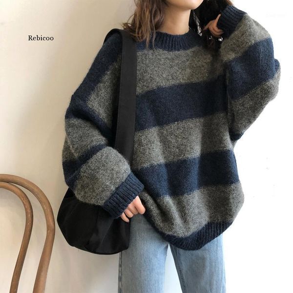 

women oversized thin sweater vintage striped loose pullover streetwear autumn knitted jumper femme 2021 sueter mujer1, White;black