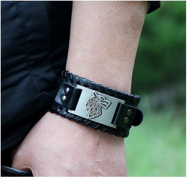 

vintage men wide bracelet weave bangle leather metal adjustable viking charms punk wolf head bracelet jewelry acc jllgmt