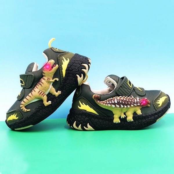

dinoskulls autumn children baby trainer boys tennis glowing sneakers little kids t-rex led light breathable school sports shoes y201028, Black
