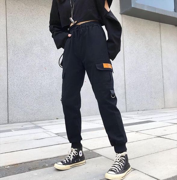 

new big pockets cargo pants women high waist loose streetwear pants baggy tactical trouser hip hop joggers pants, Black;white