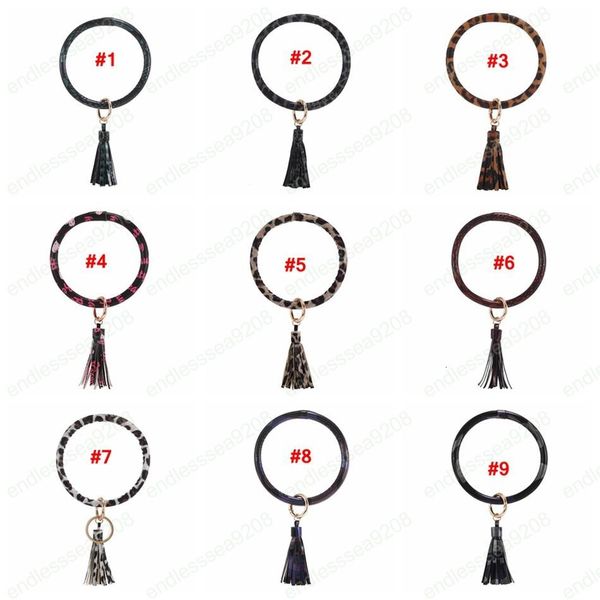 

leather bracelet chain pu wristr leopard print ring tassel pendant wristbands keychain bracelets round key rings, Silver
