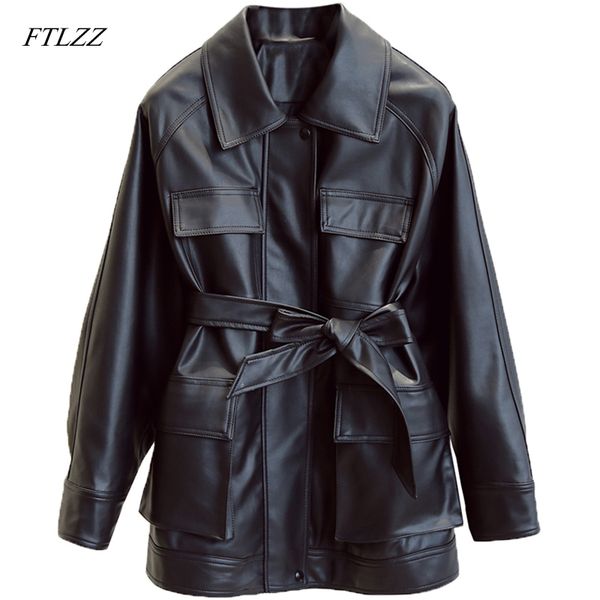 

ftlzz slim pu coats women faux leather jackets vintage motor biker jackets elegant tie belt waist pockets buttons coats lj201126, Black