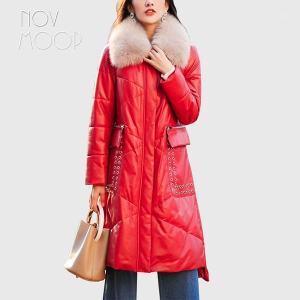 

novmoop office lady winter loose style black red fur collar sheepskin genuine leather long down coat piumino donna lt29411