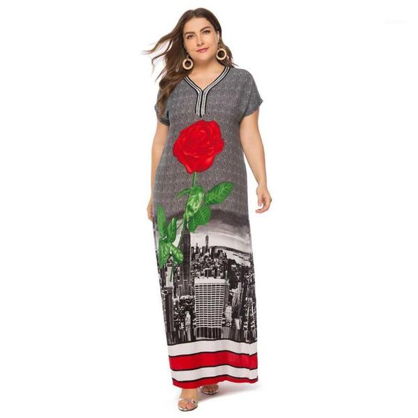 

2019 summer women rose print bohemian maxi dress plus size loose cotton short sleeve muslim abaya islamic gown vkdr15801, Red