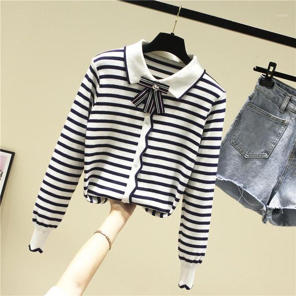 

spring autumn knitted sweater shirt womens long sleeve loose outwear striped jacket femme lady lapel all-match knitwear1, White;black