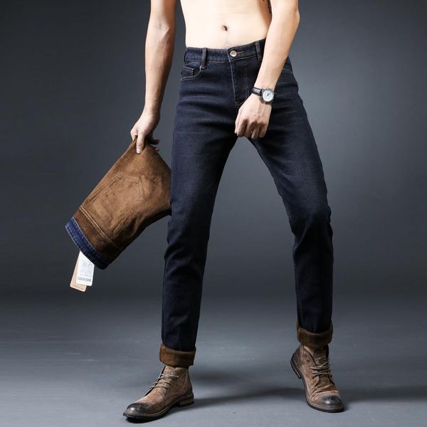 

winter men's jeans 2020 new warm slim fit business fashion thicken denim trousers black blue jeans men