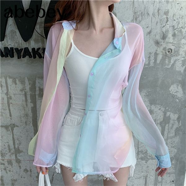 Arcobaleno sciolto ragazza top camicie spiaggia Harajuku arco-iris tulle donne camicetta kawaii kimono cardigan abiti femminili blusas tule LJ200813