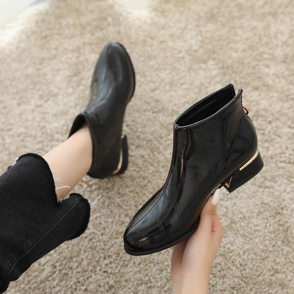 

ankle boots for women shoes woman circle buckle zipper solid black patent leather boots platform square low heels women