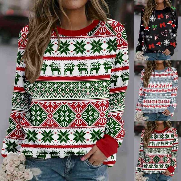

womens christmas print long-sleeved sweatshirt casual blouse pullover christmas knitting pullover sweater jumper sweatshirt, White;black