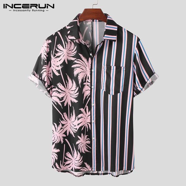 

summer short sleeve lapel patchwork camisa incerun mens striped printed shirts loose pocket hawaiian chemise streetwear s-3xl 7, White;black