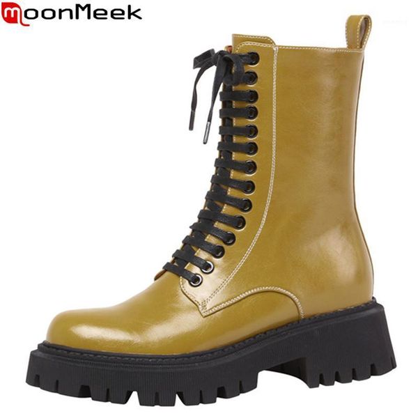 

boots moonmeek 2021 genuine leather med heels round toe ladies shoes autumn winter fashion lace up ankle for woman1, Black