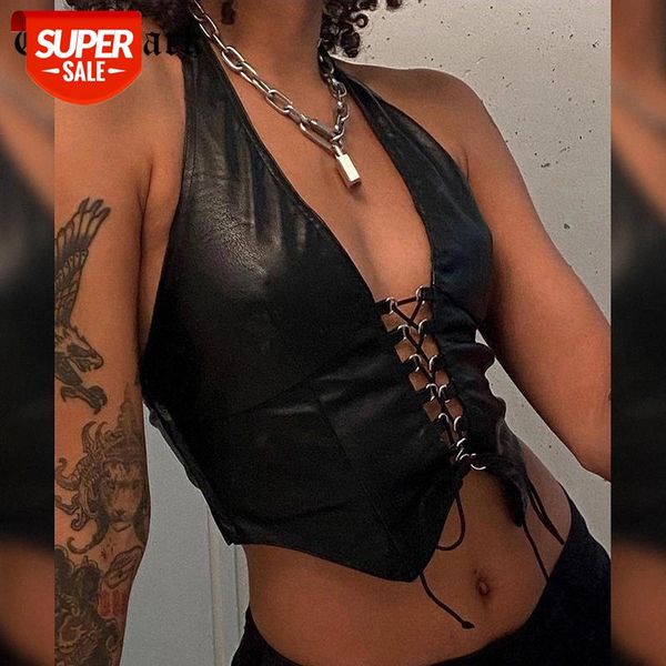 

goth dark grunge pu black lace up gothic halter punk faux leather women hollow out camis fashion streetwear crop #le7g, White