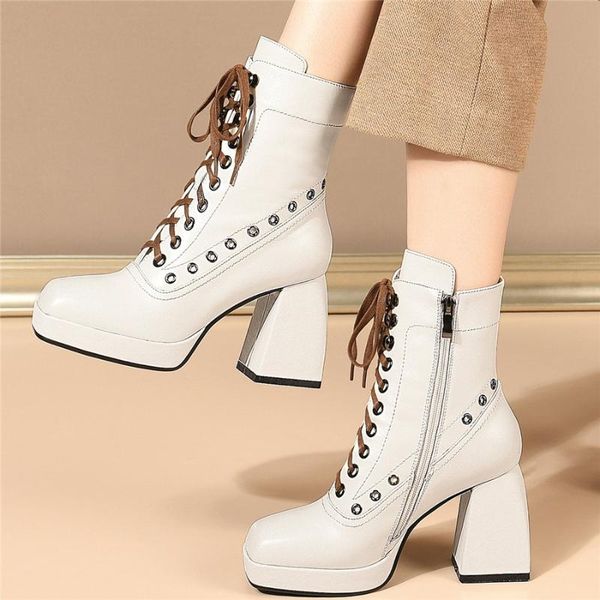 

lace up winter punk shoes women genuine leather chunky high heels motorcycle boots female high square toe platform pumps, Black