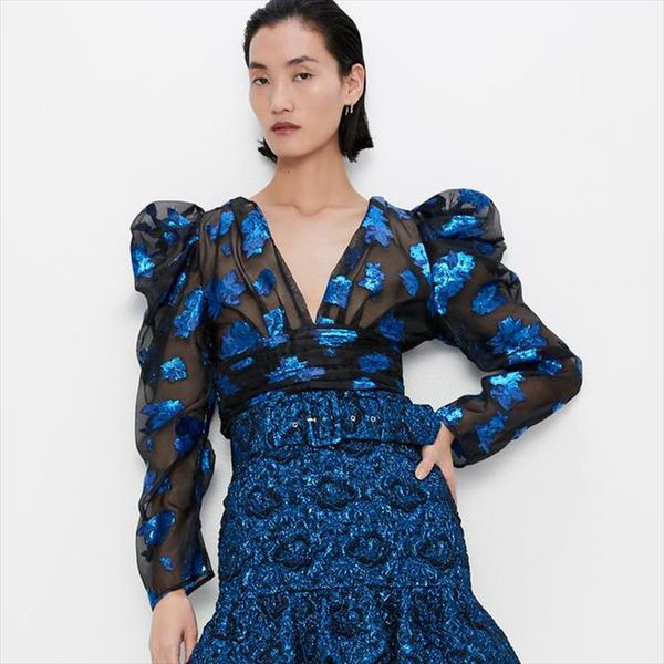 

zoepo floral printed perspective organza blouses women fashion v neck shirts women elegant long sleeve female ladies kh, White